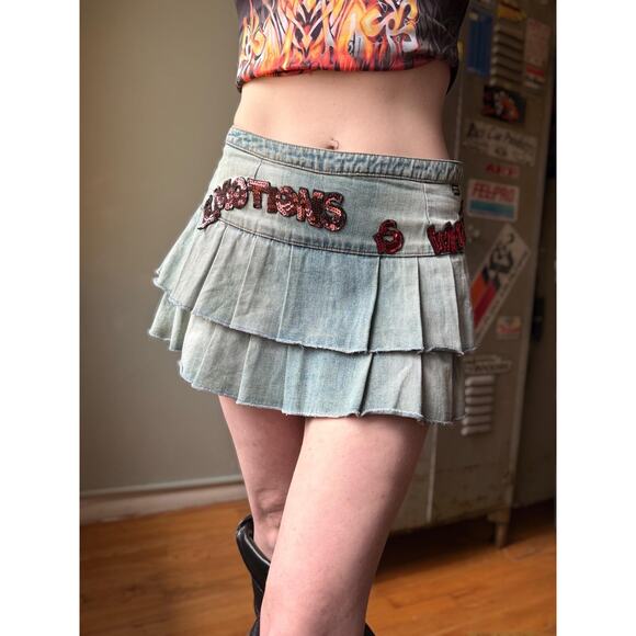 Vintage Y2K Miss Sixty Micro Mini Denim Skirt | Sequin Graphic | 28" - Picture 4 of 12
